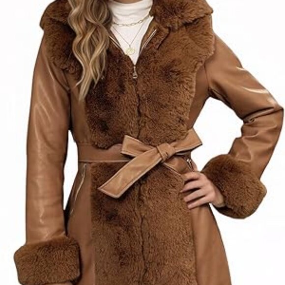 Puffer Jacket Women Winter Fur Lined Camel Coat Long Fur Collar Warm Overcoat - Picture 3 of 5